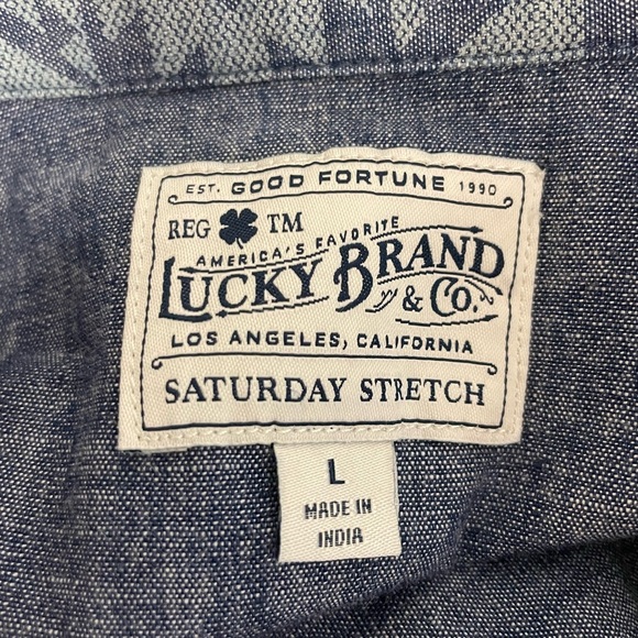 Lucky Brand Shirt Mens PEARL SNAP Large Saturday Stretch Button‎ Denim Aztec L - Picture 6 of 9